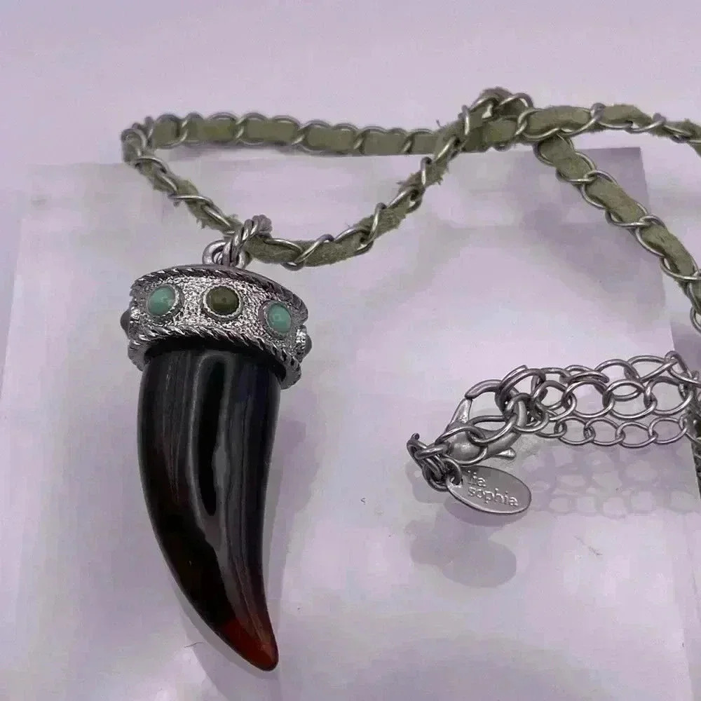Lia Sophia Cornucopia Necklace - silver-tone w/ sage green suede cord brown horn